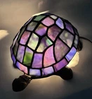 Vintage Brass Bronze Tiffany Style Turtle Accent Lamp Night Light Stained Glass