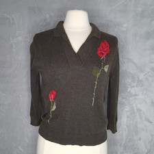 BANANA REPUBLIC Brown Rose Knit Polo Sweater Size S Angora 00s 3/4 Sleeve Preppy