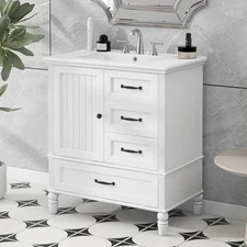 30" Bathroom Vanity with Sink, Bathroom Cabinet with A Door,3 Drawers White