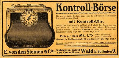E.v.d.Steinen und Cie. Solingen KONTRROLL - BÖRSE Historische Reklame von 1907