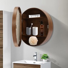 20"x20" Round Medicine Bathroom Mirror Cabinet Wood Framed Walnut Wall Mounted