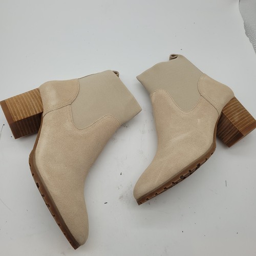 New Beige Leather ankle Boots Violet & Red Loaded Stacked Heel Neutral Size 8 - Picture 4 of 10
