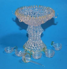 Blown Clear Spun Glass Punch Bowl With Mugs & Ladle Figure