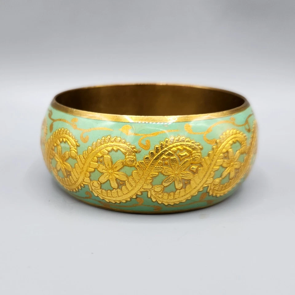 Seafoam Green & Gold Enamel Ornate Floral Wide Chunky Brass Bangle Bracelet 8" - Image 4 of 4