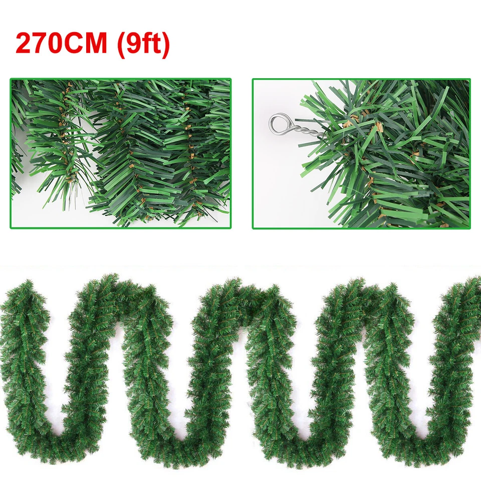 9ft Bushy Green Christmas Garland Pine Wreath For Home Stairs Xmas Outdoor Decor