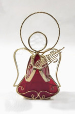 Angel Playing Harp Red Stained Glass Tea Light Candle Holder Christmas Decor