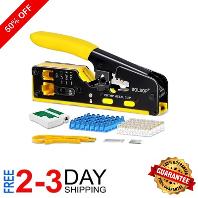 Professional Ethernet Crimping Tool, Tester & 100 Pack Connectors for Networking