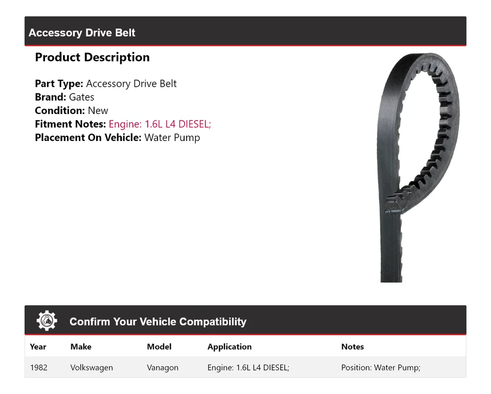 For 1982 Volkswagen Vanagon 1.6L L4 DIESEL Accessory Drive Belt Water Pump Gates - Image 2 of 4