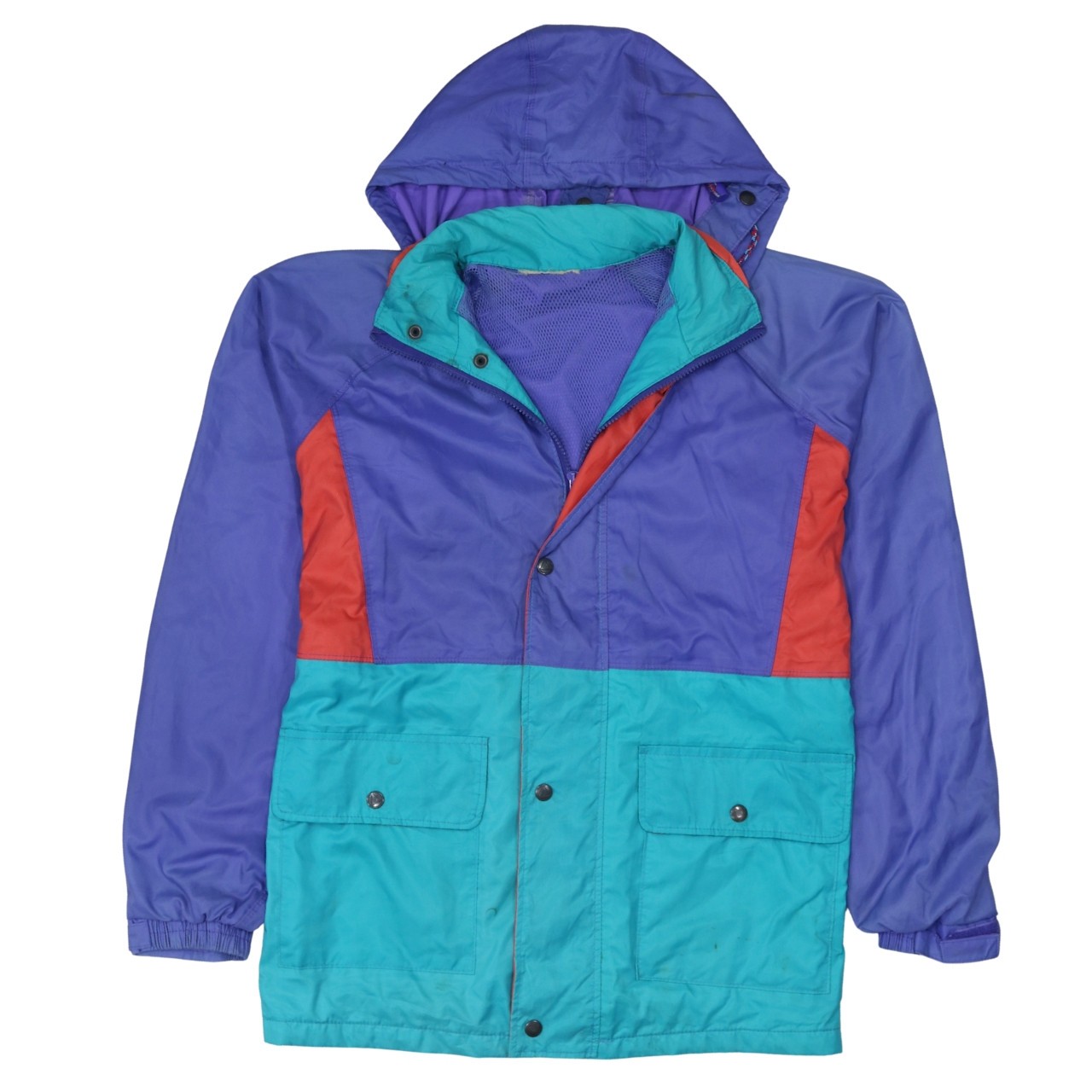 Retro Mens Windbreaker Jacket Purple Teal Hooded Colorblock Zip Hiking Pockets L
