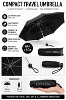 Compact Folding Travel Umbrella Black UPF 50+ UV Block Windproof w/ Case
