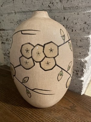 1960s MCM Vase Clay Batik Art Deco Design Geometric Flowers Country Boho Chic