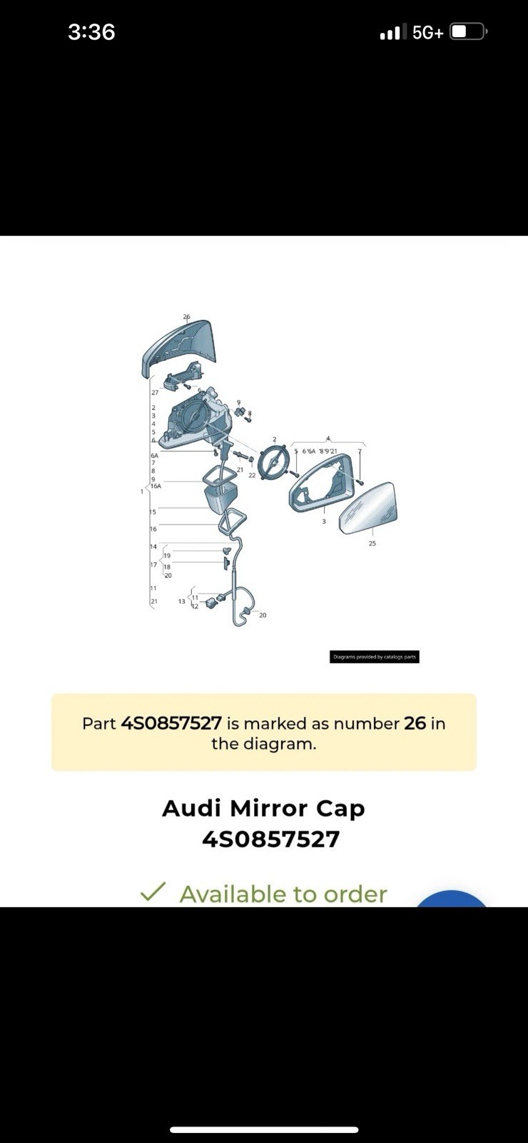 2017 AUDI R8 FRONT RIGHT/PASSENGER CARBON FIBER DOOR MIRROR COVER 4S0857527 OEM