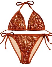 VTG 07 Victoria's Secret All Over Red Gold Bling Sequin Bikini Set T/B L/S