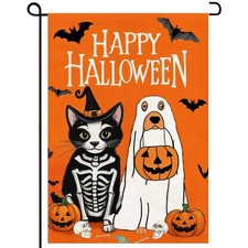Halloween Ghost Dog Garden Flag 12 x 18 Inch Orange Black White
