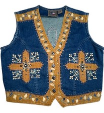 Vintage Denim Vest L Western Embroidered Cross Studded Cowgirl