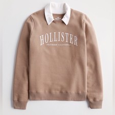 Hollister women's collared Tan Crewneck Sweatshirt Medium preppy classic neutral
