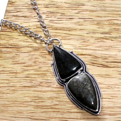 Long Silver Obsidian 925 Silver Plated Necklace 18'' Limited Edition Design JW