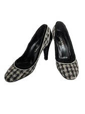 Chanel Pumps Linton Tweed Velour White Black Women's Size EU35/US5