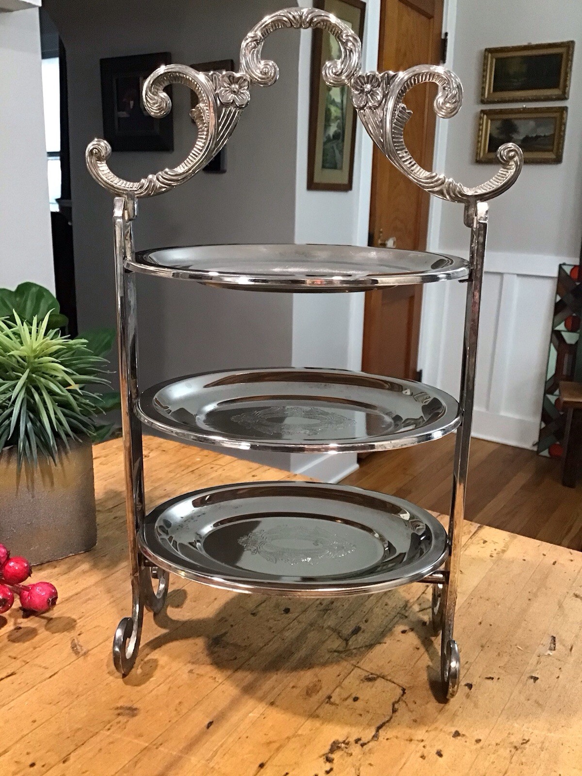 Vintage Edwardian Style  3 Tier Removable  Cake/Candy Stand Engraved Silverplate