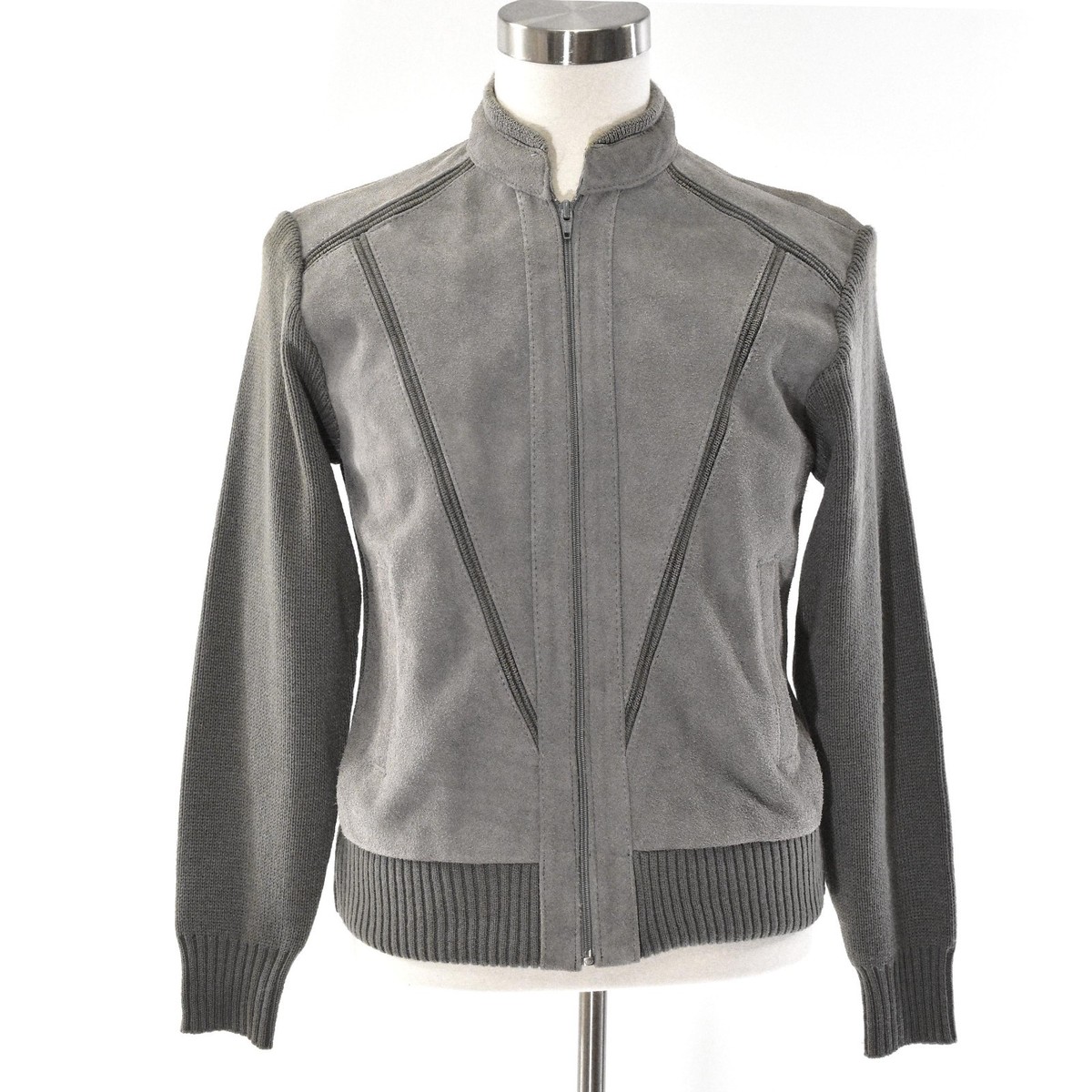 70s Vintage Mens S M Gray Suede Rib Knit Jacket Stand Collar Mod