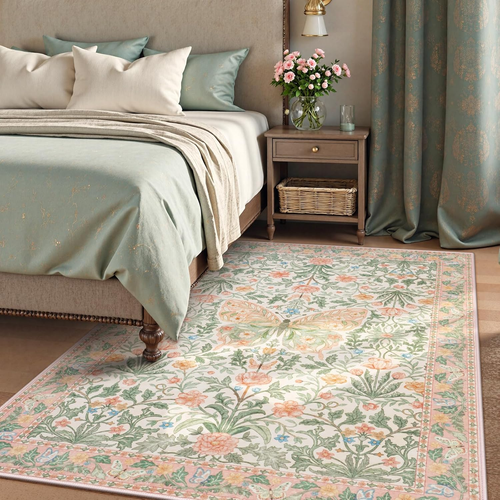 Washable 6X9 Butterfly Area Rug, Pink Boho Floral Rugs for Girls Room, Soft Retr - Picture 6 of 7