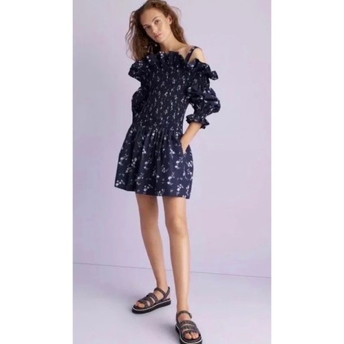Revolve REBECCA TAYLOR Francine Off Shoulder Dress Floral Smocked Navy Blue 0 - Picture 4 of 20