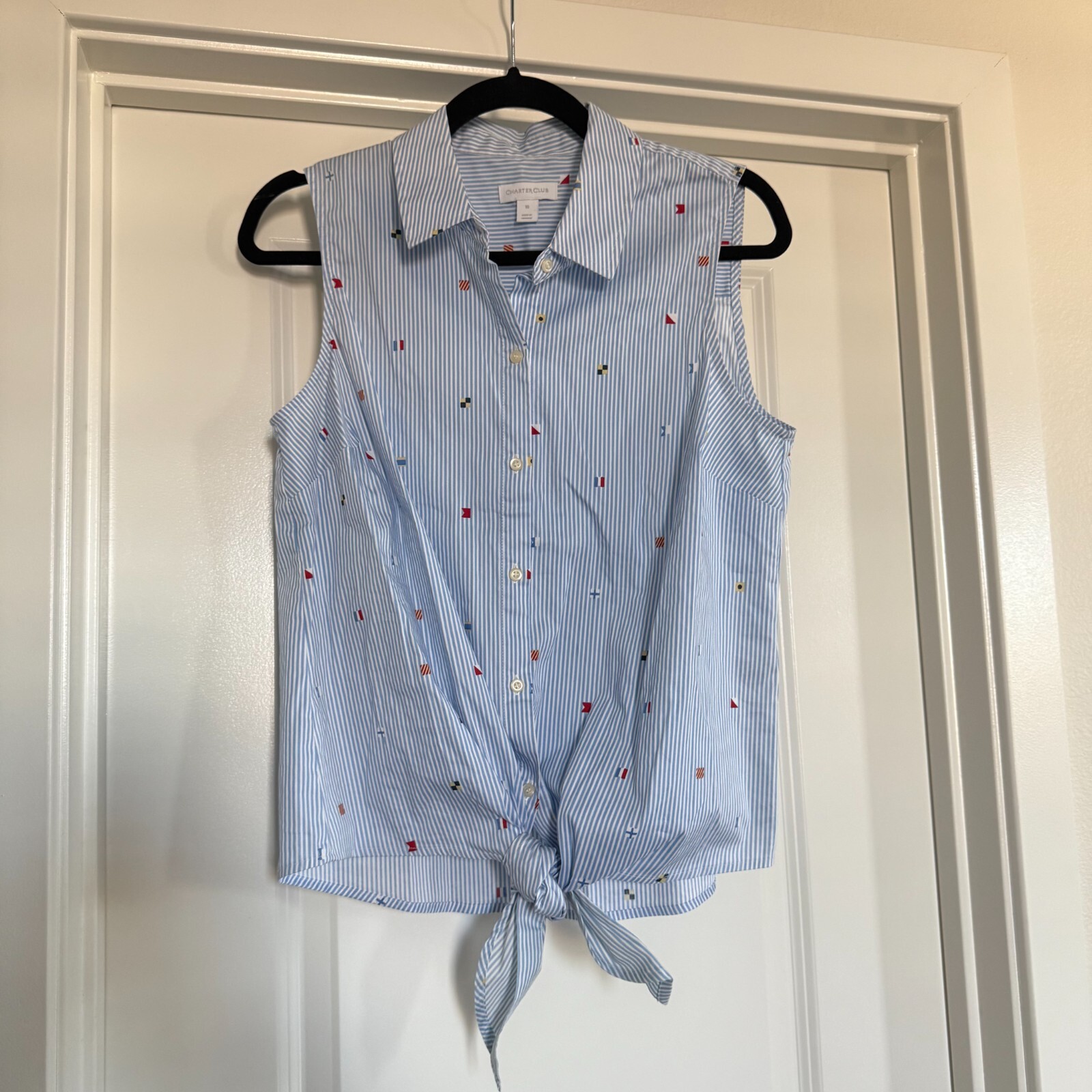 Coastal Preppy Old Money Nautical Flag Button up Shirt striped sz 10