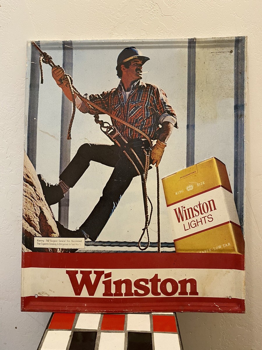 VINTAGE WINSTON LIGHTS CIGARETTE ADVERTISING TIN SIGN 1980 REYNOLDS TOBACCO 