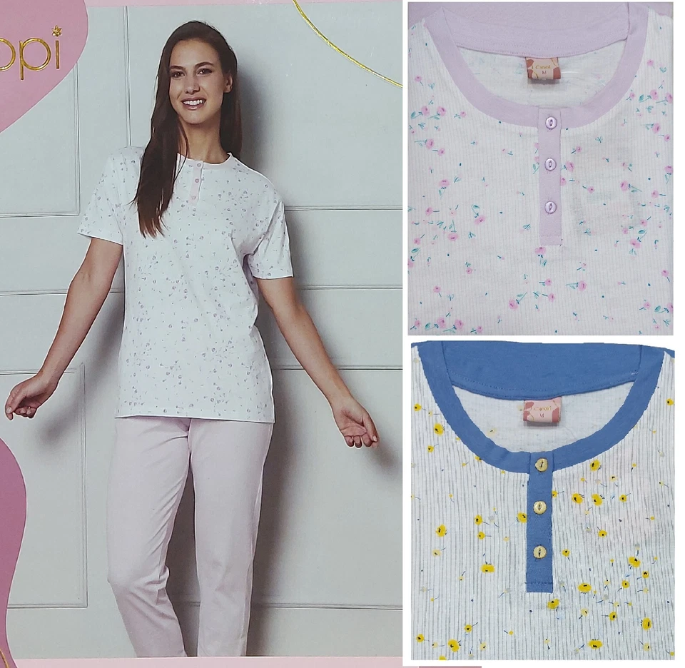 PIGIAMA DONNA CLASSICO COTONE 100% SCOLLO SERAFINO MEZZA MANICA FIORATO CIPPI - Immagine 2 di 3