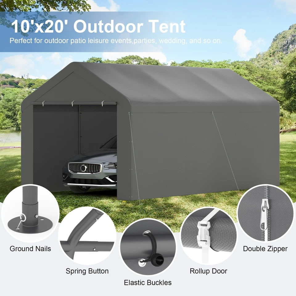 Outdoor Grey Carport 10'x20' Heavy Duty Canopy Shed Portable Garage Party Tent - Image 3 of 4