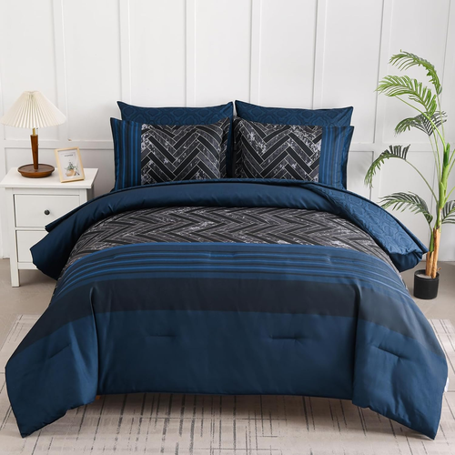 Navy Blue Comforter Set King Size, 7 Pieces Stripe Geometric Bed in a Bag, Soft