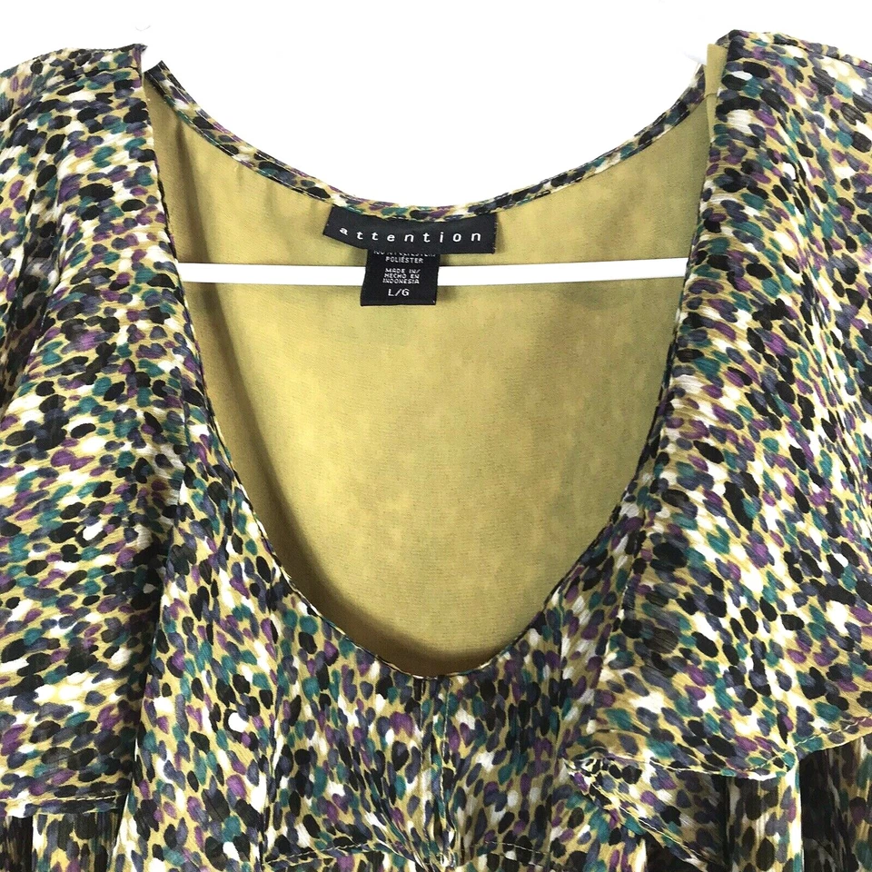 Women's Attention Scooped Neck w Ruffle White Purple Black Green Gold Spotted L - Image 3 of 4