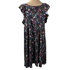 Loft Swing Dress Knit Floral Ruffle Cap Sleeve Comfort Casual M Medium Black