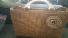 Vintage Weaved Straw Purse W/ Wooden Handles 12 X 7