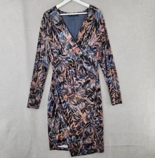 Peruvian Connection Dress Womens Large Blue Dark Floral Faux Wrap Draped Front
