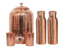 Olla dispensadora de agua de cobre puro Ayurveda de 5 litros, 2 botellas y 2 vasos