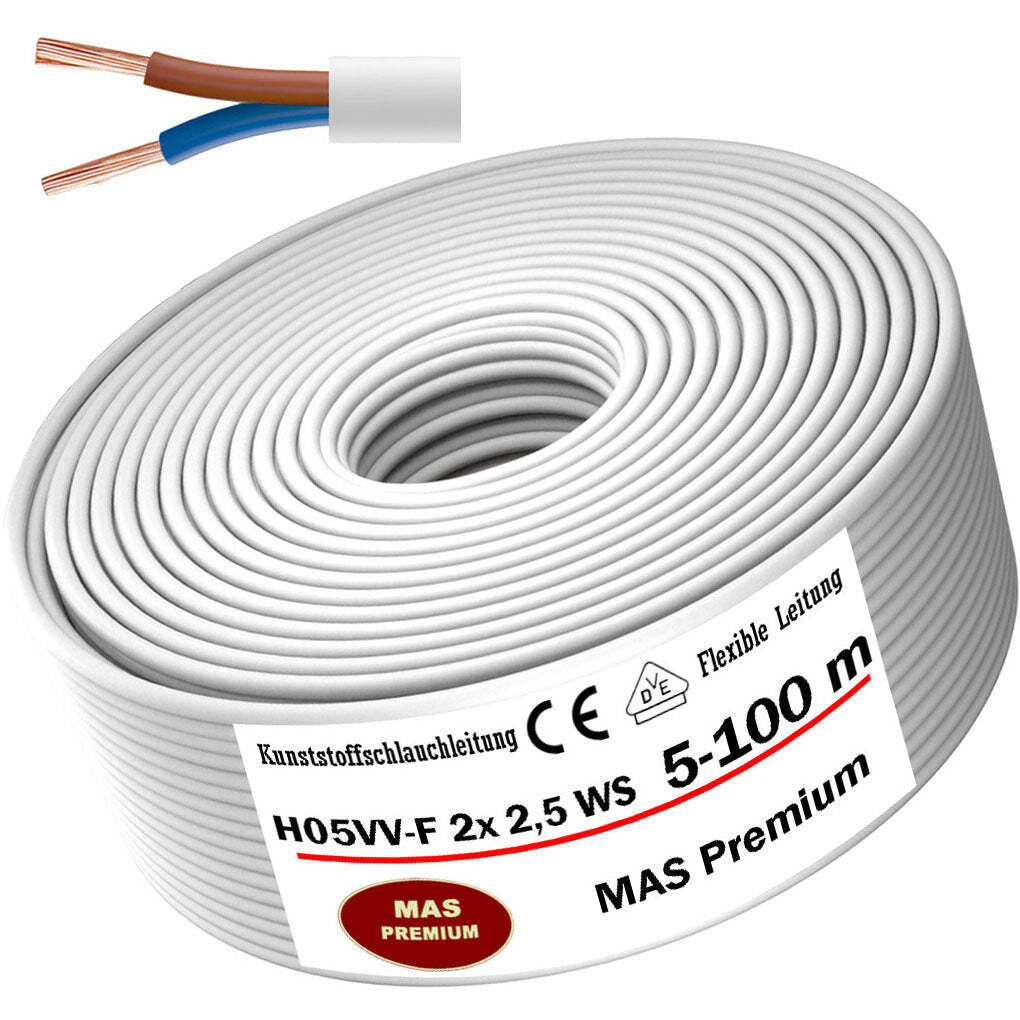 5 - 100m Kunststoffschlauchleitung H05VV-F 2x2,5 Flexible Conduite L'Appareil