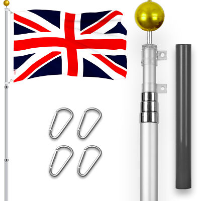 Combo: 16Ft Telescoping Flagpole Silver & UK United Kingdom Flag 3x5 Ft Emb 300D
