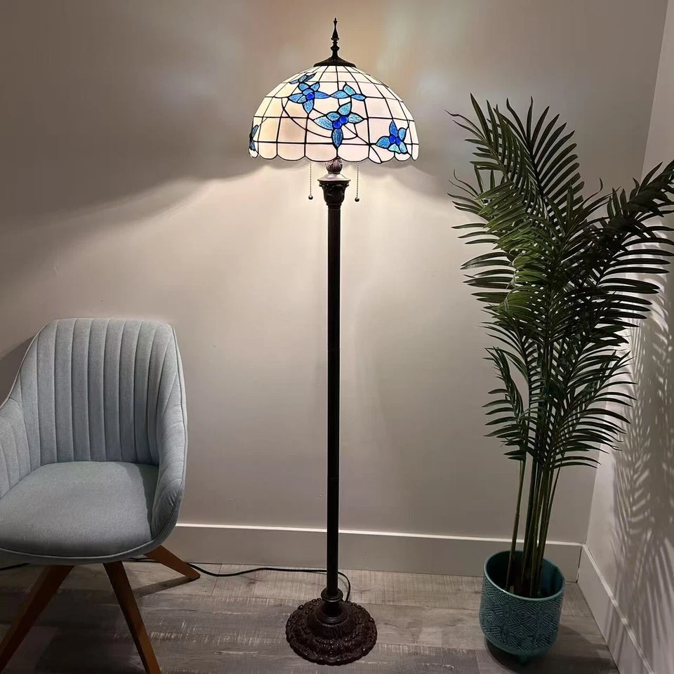Tiffany Style Floor Lamp White Stained Glass Flowers Metal Base 64"H*16"W*16"D - Image 2 of 4