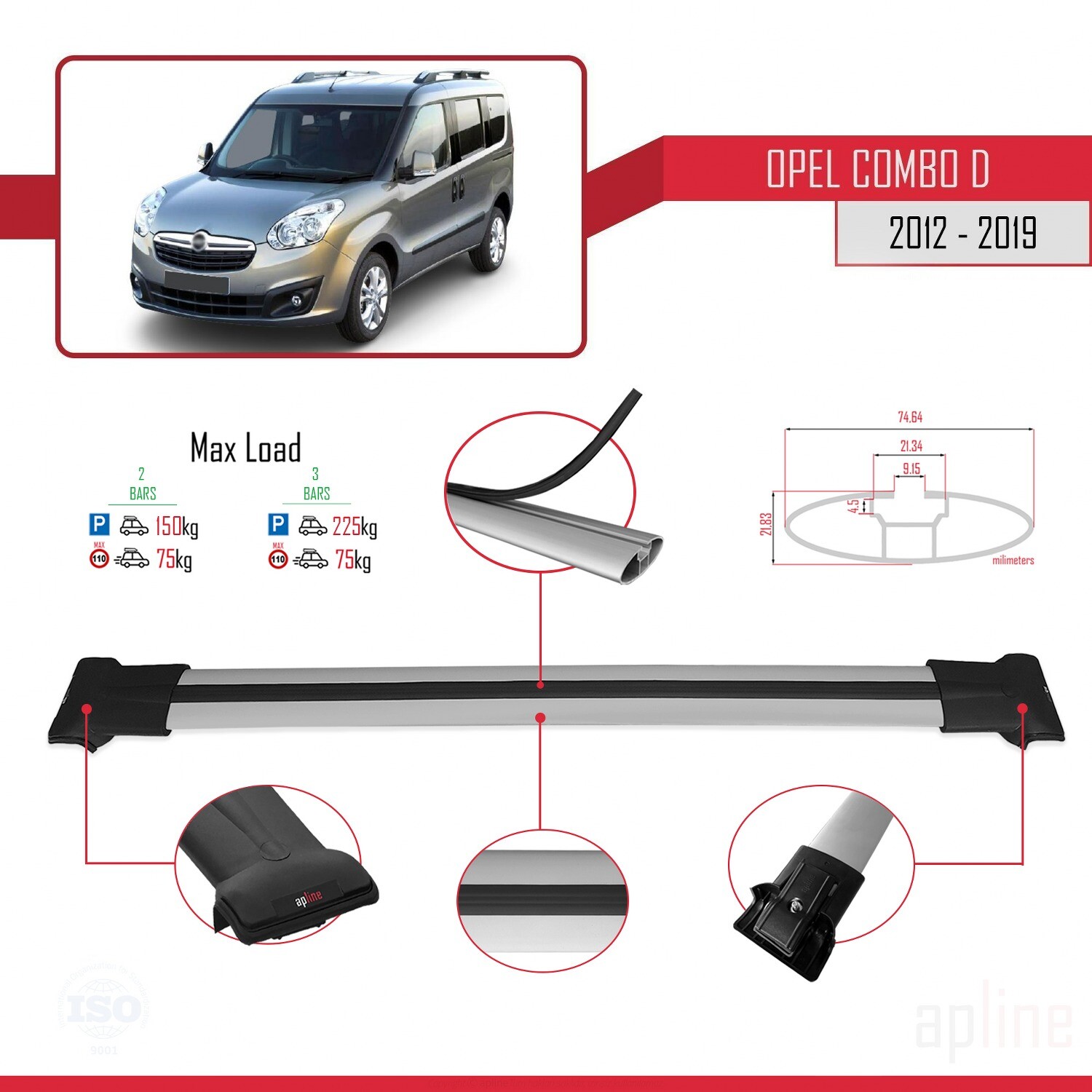Barres de toit Opel Combo E alu premium é dition profil é e aé rodynamique