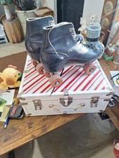 Vtg Chicago Hyde Roller Skates Black Leather Metal w/ Wood Wheels Women Sz 7