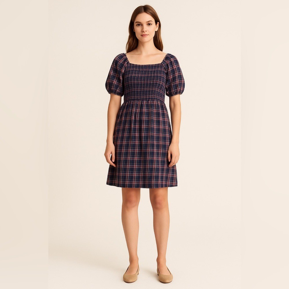 Madewell Heritage Plaid Puff Sleeve Smocked Dress Size L. POCKETS!!!