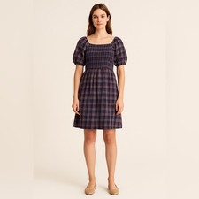 Madewell Heritage Plaid Puff Sleeve Smocked Dress Size L. POCKETS!!!