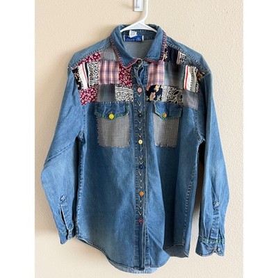 Radical Rags Womens Medium Patchwork Denim Button Up Shirt Mixed Media Boho Blue