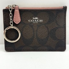 Coach Mini Skinny Key Ring ID Case Wallet Signature Canvas Brown  Pink F16107