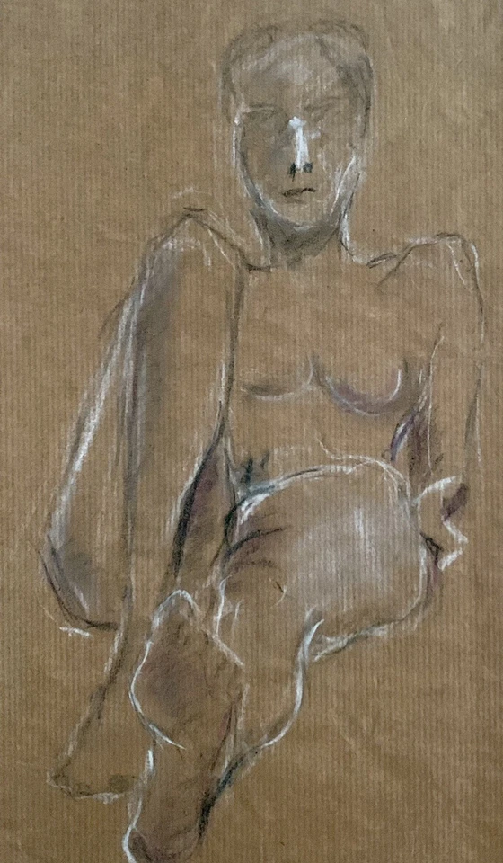 Tableau ancien portrait femme assise pastel & fusain à attribuer - Photo 3/4