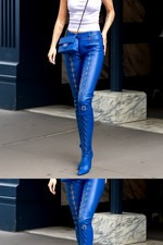 Women's Blue Genuine Lambskin Leather Lace UP Pant Vintage Mid Rise Slim Fit