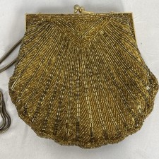 VTG Gold Beaded Clam Shell Clutch Purse Kiss Clasp Evening Bag w/ Gold Strap