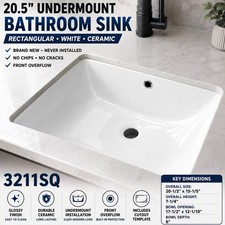 20.5" White Ceramic Undermount Bathroom Vanity Sink Rectangular Bowl w/ Overflow