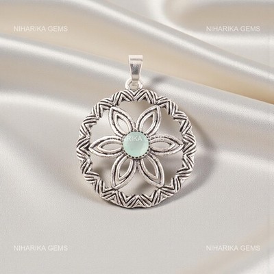 Runder Aqua Chalcedon Edelstein Anhänger 925 Sterling Silber Boho Charm